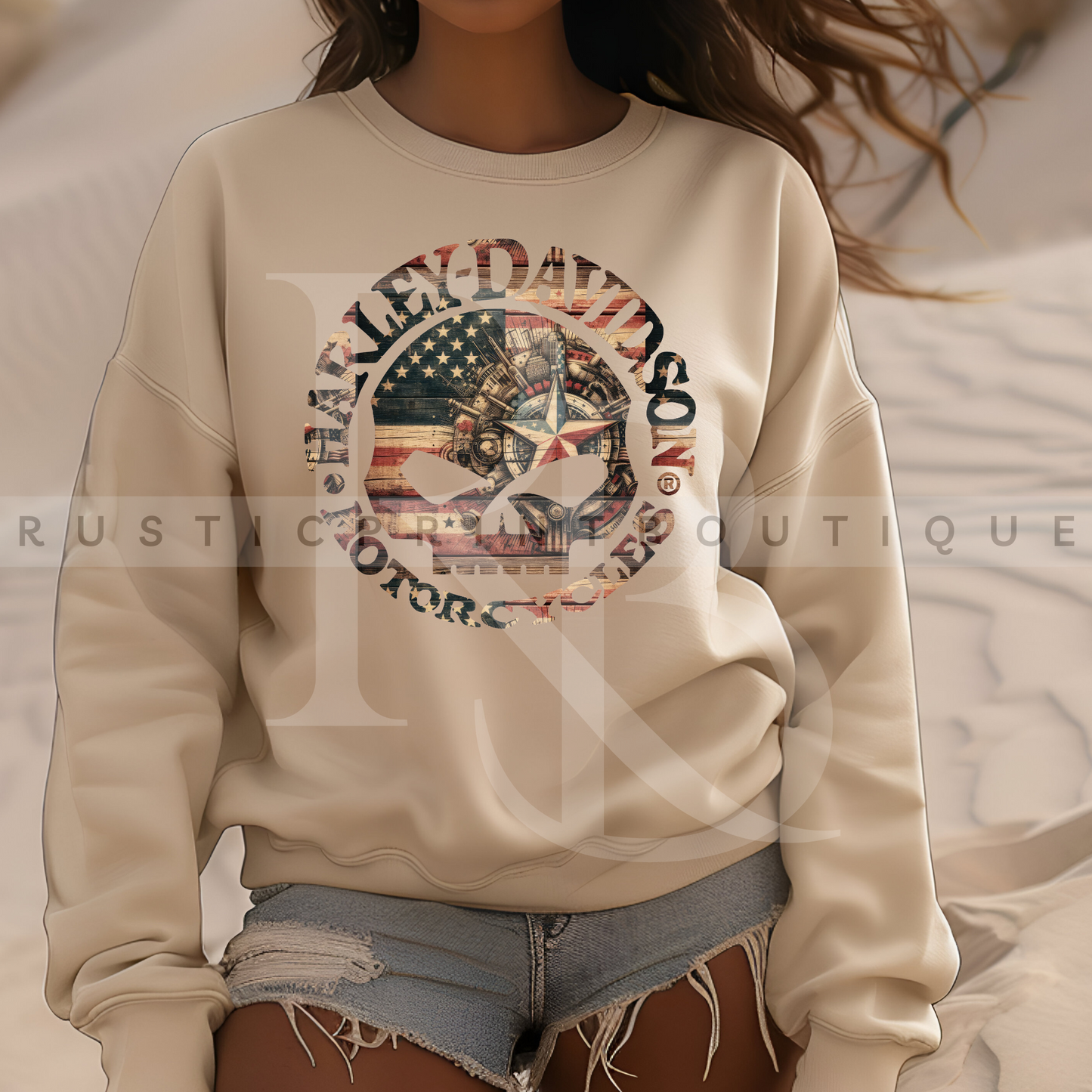 American Flag Harley Skull Sweatshirt Crewneck