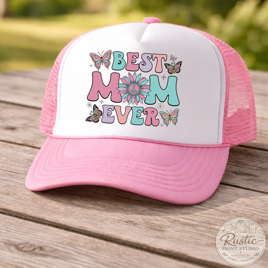 Best Mom Ever Butterfly Trucker Hat | Retro Groovy Mom Hat