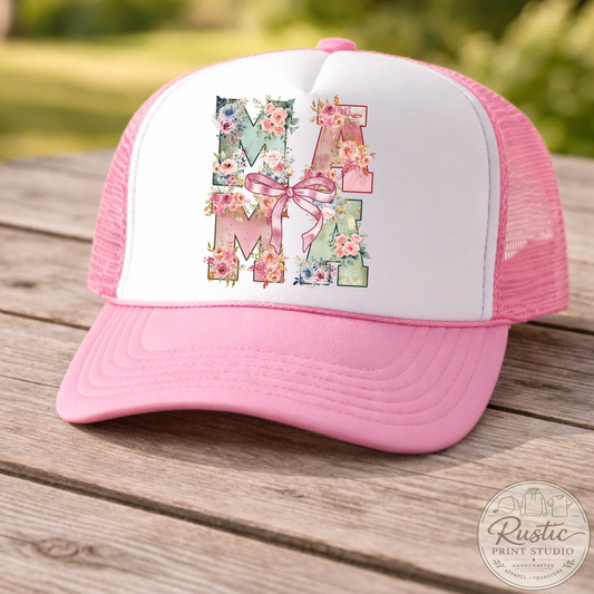 Mama Floral Bow Letter Trucker Hat | Boho Mom Hat