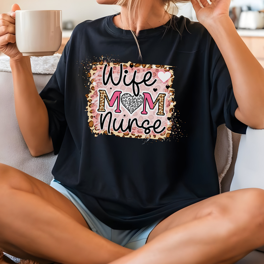 Wife Mom Nurse T-Shirt Unisex Graphic Tee Cute Leopard Mom Shirt