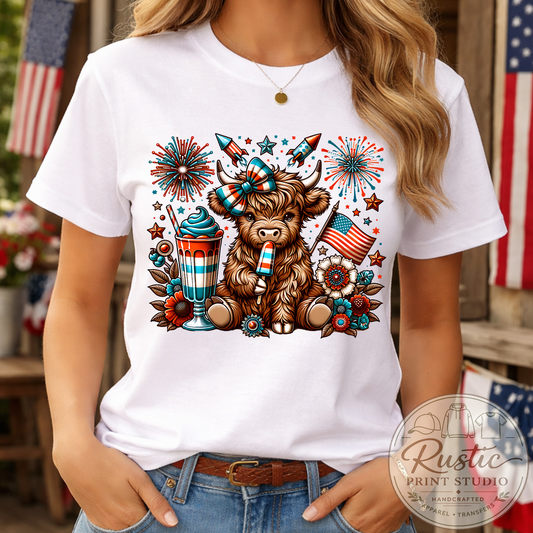 Baby Highland Cow T-Shirt 4th of July Patriotic Highland Cow Tee
