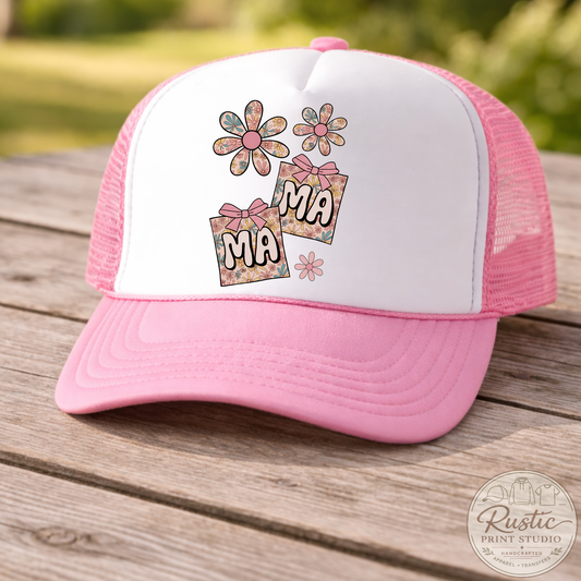 Mama Floral Retro Daisy Trucker Hat | Trendy Mom Hat