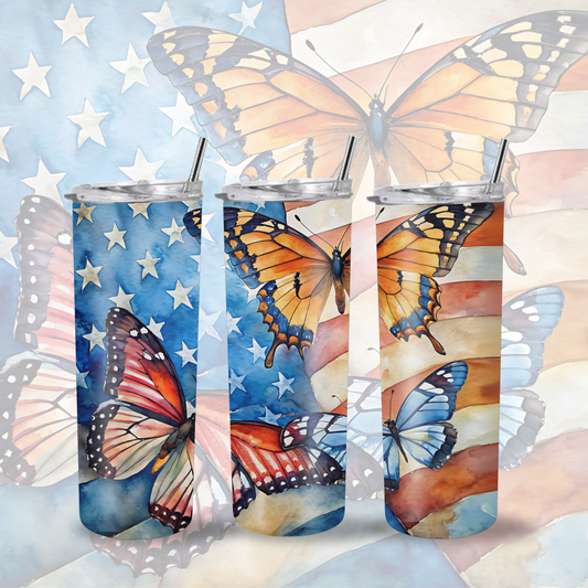 American Flag Butterly Tumbler Watercolor Tumbler Butterfly 20oz Custom Tumbler