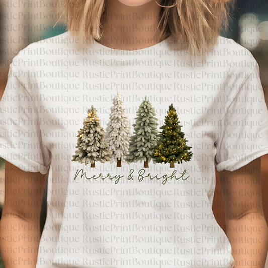 Christmas T-Shirt Merry & Bright T-Shirt Vintage Christmas Trees Shirt